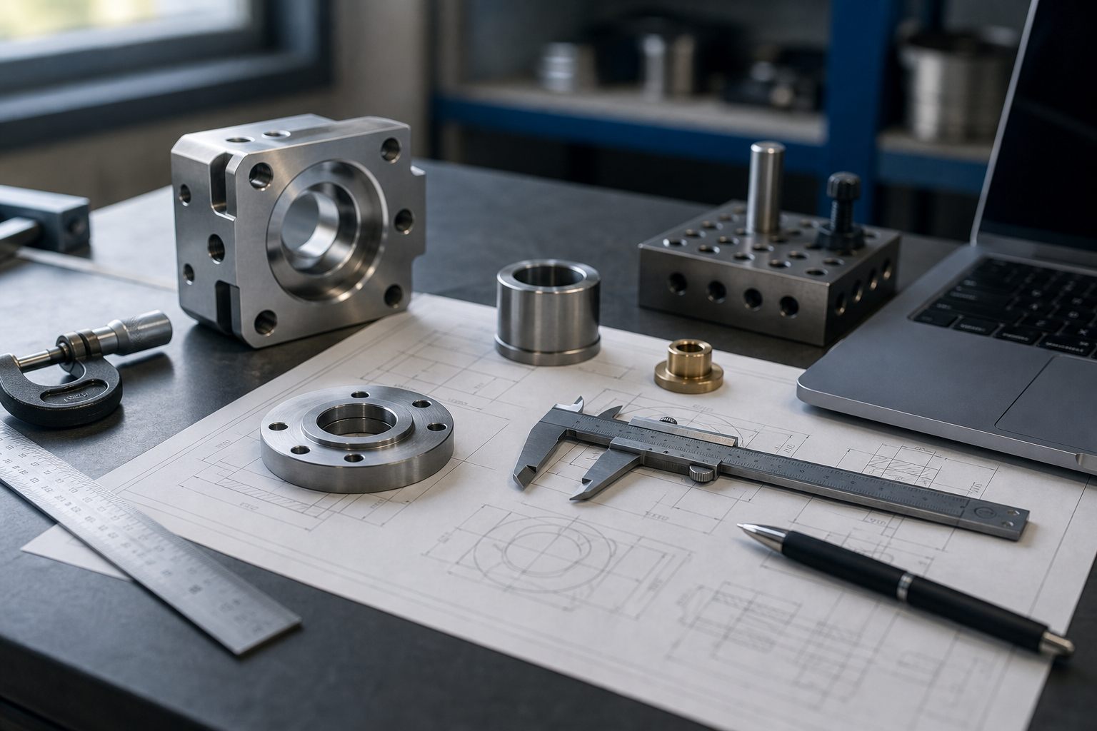 Metalen maatwerkonderdelen, schuifmaat en technische tekeningen op een werkbank