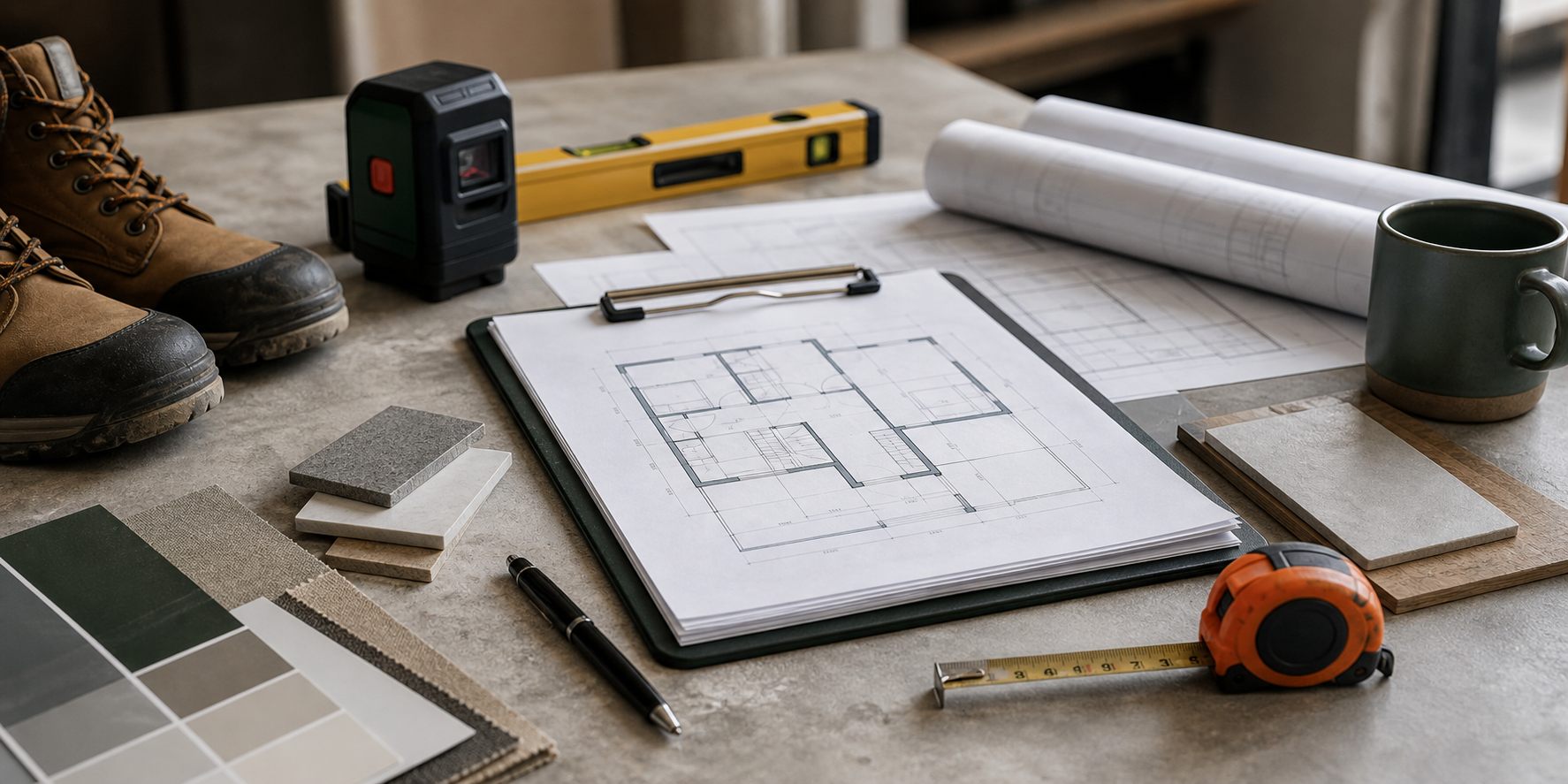 Bouwtekeningen en materiaalstalen op tafel